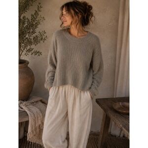 Pistola Ribbed Knit Sweater Taupe Grey Crew Neck Fuzzy Cropped Pullover Small
